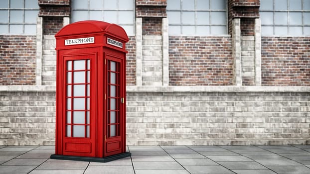 Red British phone booth in the street. 3D illustration.