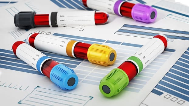 Blood vials with vibrant colored lids standing on medical forms. 3D illustration.