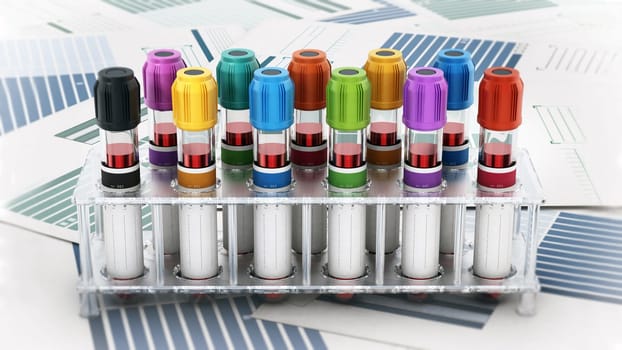 Blood vials with vibrant colored lids standing on medical forms. 3D illustration.