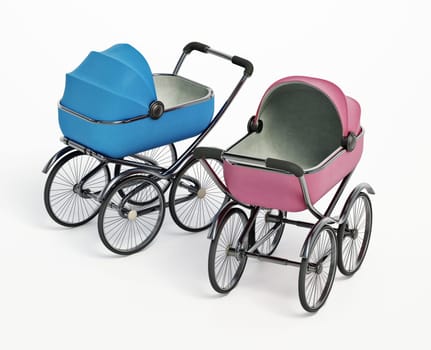 Vintage baby strollers isolated on white background. 3D illustration.