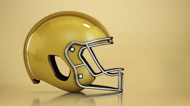 Golden football helmet isolated on yellow background. 3D illustration.