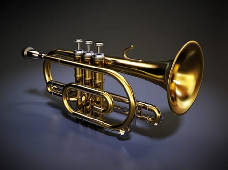 Cornet musical instrument isolated on dark background. 3D illustration.
