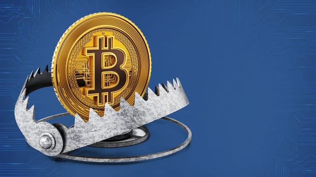 Gold digital coin in ready bear trap. 3D illustration.