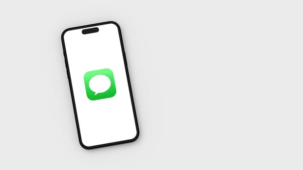 Messages Logo on Mobile Phone Screen on Flat Light Gray Background with Copy Space 3D Render Illustration, Top View