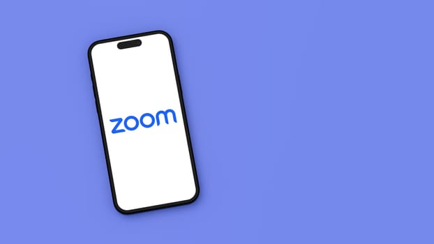 Zoom Logo on Mobile Phone Screen on Flat Blue Background with Copy Space 3D Render Illustration, Top View