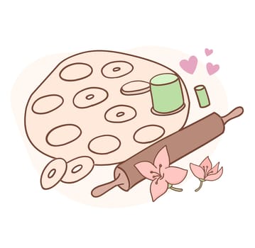 Dough preparation. Rolling pin, baking dish and dough. Decorated with vanilla flowers. Cooking theme