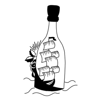 old school tattoo. A ship in a bottle. A sea message. A note in a bottle. Shipwreck