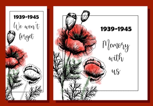 A set of congratulatory posters for the day of remembrance of the Second World War.Red poppies.May 8 and 9