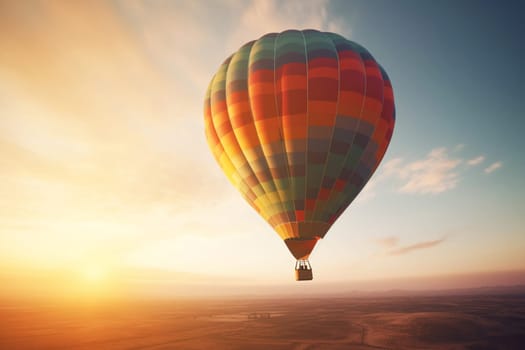 Amazing hot air balloon flies at sunset. Romantic trip on a balloon with sunrise