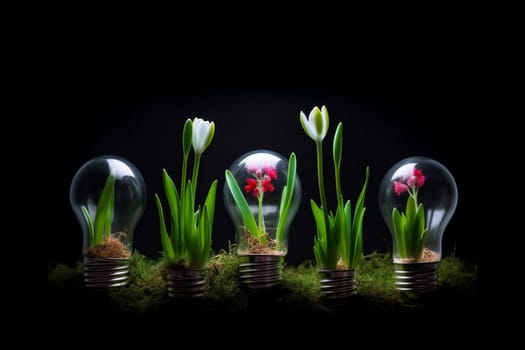 Light bulbs with blooming flowers on a black background. Green energy, concept. Save the planet. Environmental pollution, creative idea