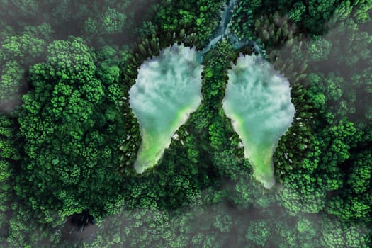 Two lakes in the form of lungs in a green forest, top view. nature and oxygen. Global warming, concept. Environment protection, creative idea. Breath of the planet
