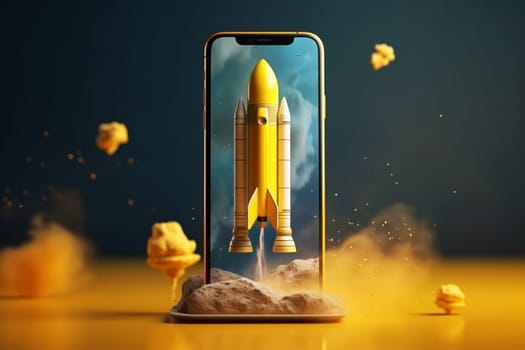 Yellow rocket takes off with smoke from smartphone, creative idea. Business growth online. Startup, concept. Development