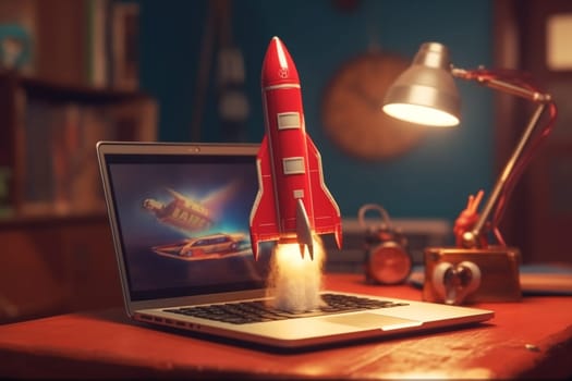 Vintage Red Rocket with blast flies out of a laptop on a retro workplace, a creative idea. Faster apps, concept. Startup Growth