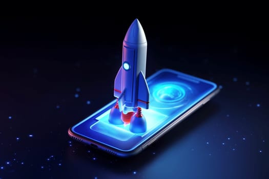 Rocket takes off from a smartphone on a dark background. Business growth online. Faster Apps
