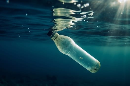 Garbage plastic bottle floats in blue sea water with underwater. Pollution of the environment and oceans.