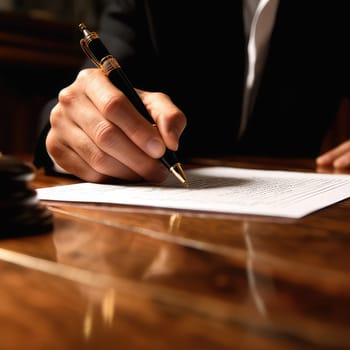 Human hand signing contract with a noble pen on a wooden table AI Generated Image