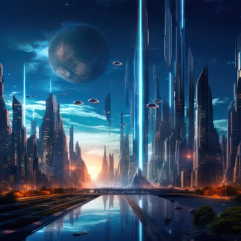 Futuristic city skyline with skyscrapers AI generated image