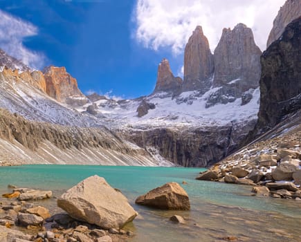 The Towers Above an Alpine Lake at Mirador Torres Del Paine in Torres del Paine National Park in Chile