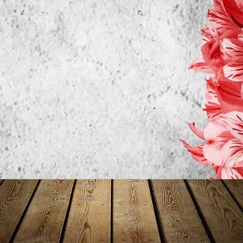 Background flowers on a textured stucco wall and blank wooden planks in the foreground. For product demonstrations, free space, layout, mockup, perspective board, background board.