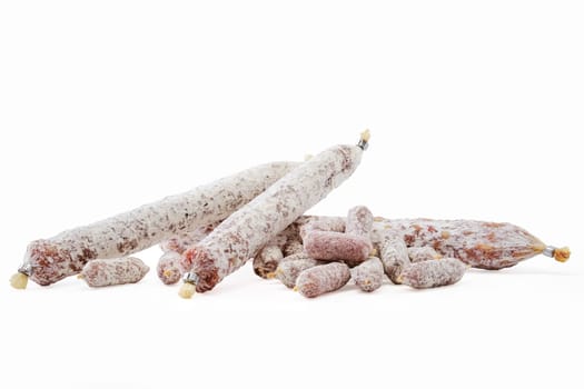 Assortment of fermented sausage covered with white mold