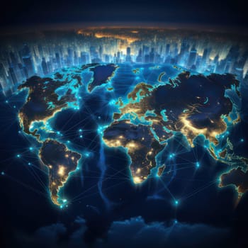 World map with blue glowing bow lines connecting major cities