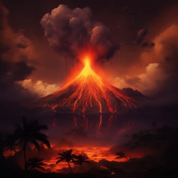 Volcano eruption with lava fountain at night