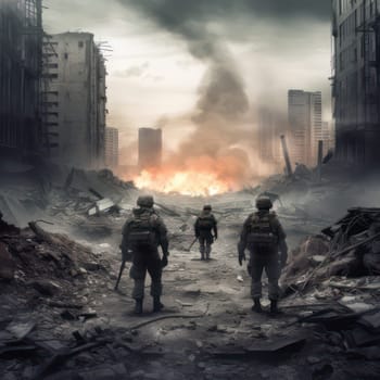 Modern soldiers on a battlefield with a devastated city