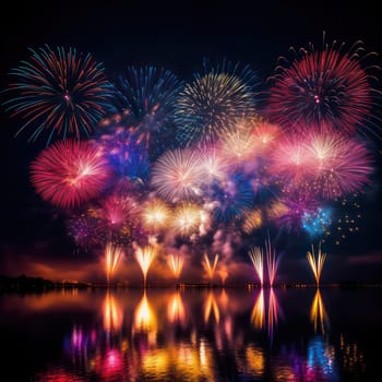 Colorful fireworks at night over a lake
