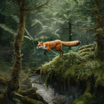 A red fox jumps in a forest over a branch with moss on it