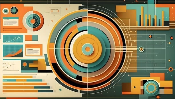 Big data abstract visualization geometric concept in retro color palette. Infographic style illustration. AI Generative content