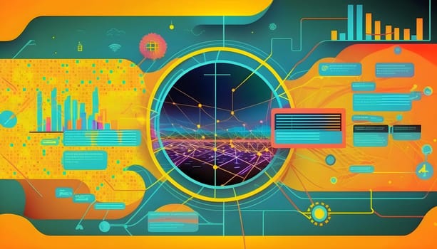 Big data abstract visualization concept in retro color palette. Infographic style illustration. AI Generative content