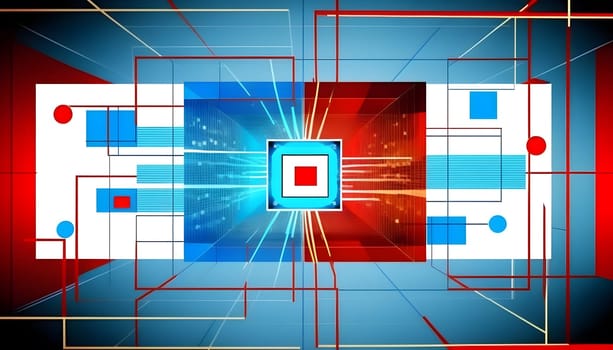 Big data abstract geometry visualization concept background in Bauhaus retro style in red, blue and white colors. AI Generative content