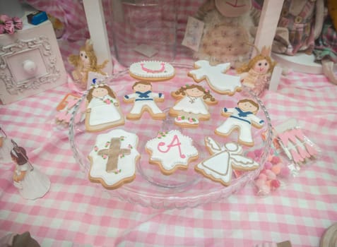 Platter full of first communion cookies. Overhead view