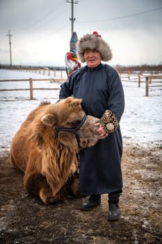 Naryn-Atsagat zone, near Oulan Oude (ulan ude), Siberia, Russia - Mars 09, 2020 : A Buryat man in a traditional costume with his camel.