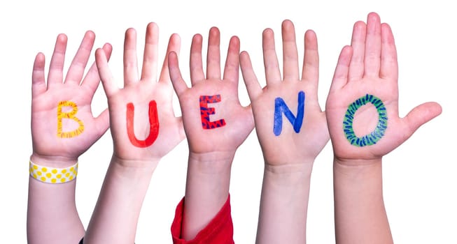 Children Hands Building Colorful Spanish Word Bueno Means Good. Isolated White Background.