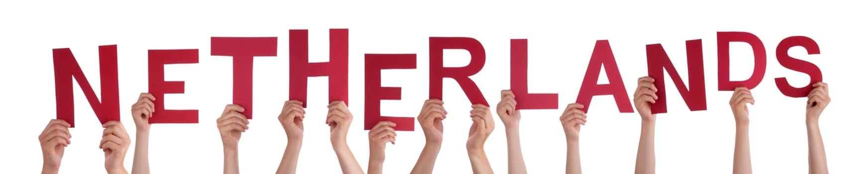 People Or Persons Hands Building English Word Netherlands. Isolated White Background.