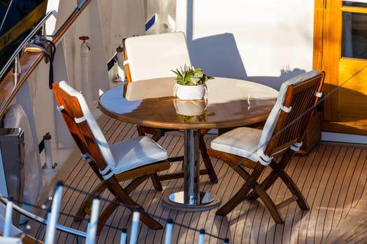 Luxury yacht. Comfortable expensive wooden design and furniture for holiday recreation tourism or travel and wealth concept