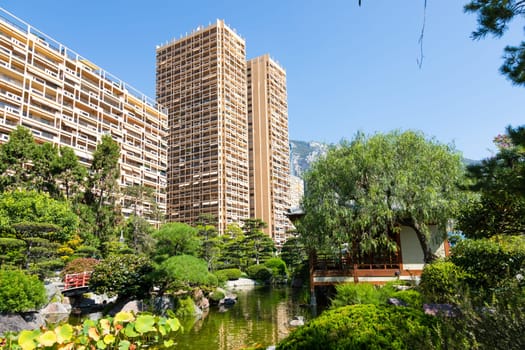 Monte Carlo - August 2022: Japanese garden with the city in the background
