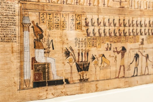 Turin, Italy - February 2023: Egyptian Museum. Detail of the Book of the Dead with funerary formulas and spells, papyrus, 330 BC