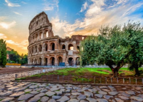 Rome, Italy - Sunset behind the Colosseum - Creative illustration, vintage impressionistic design