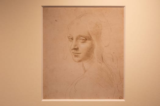 Turin, Italy - April, 2023: Leonardo da Vinci drawing, Royal Library - Face of a Girl, 1485