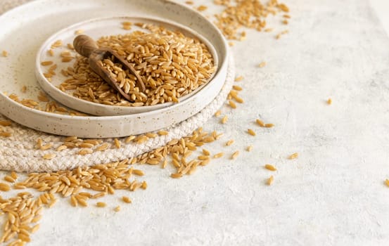 Plate of raw dry rye grain with a wooden spoon on white table close up. Healthy alternative low gluten seeds. Protein source for vegan and vegetarian diet.