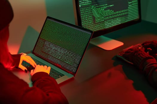 Anonymous people using computer and programming to break code. Cyber security threat. Internet and network security. Access to private information. Anonymous hackers using technology to access to password and encrypted data. Cyber attack