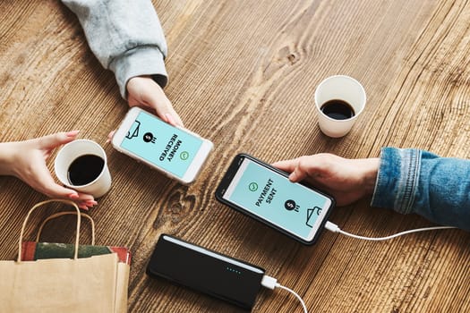 Money transfer. Online banking. People transferring money online using applications for send and receive money on smartphones. Friends making money transfers. Smartphone screen displaying money transfer confirmation. Digital wallet. Money exchange. Paying for online shopping. Fast payment system