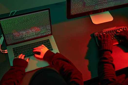 Anonymous people using computer and programming to break code. Cyber security threat. Internet and network security. Access to private information. Anonymous hackers using technology to access to password and encrypted data. Cyber attack
