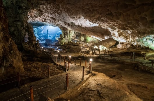 Scenic view inside of Thien Cung Grotto in Ha Long Bay, Vietnam.