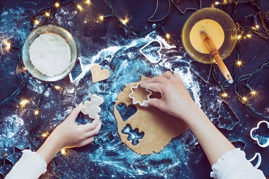 Preparing for baking and decorating Christmas gingerbread cookies. View from above