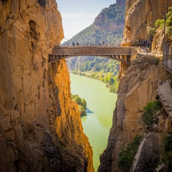 El Chorro, Spain, April 2023: View on the Caminito De Rey bridge, Puente colgante