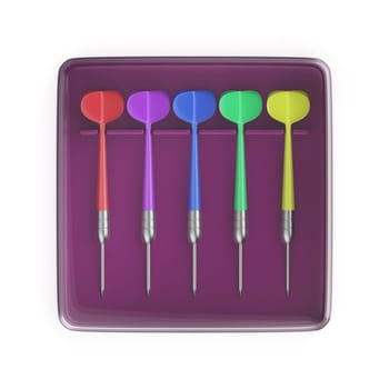 Plastic box with five colorful darts on white background, top view