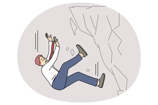 Stressed businessman fall down from rock suffer from work failure or crisis. Unhappy male employee have professional or job fiasco struggle breakdown. Flat vector illustration.